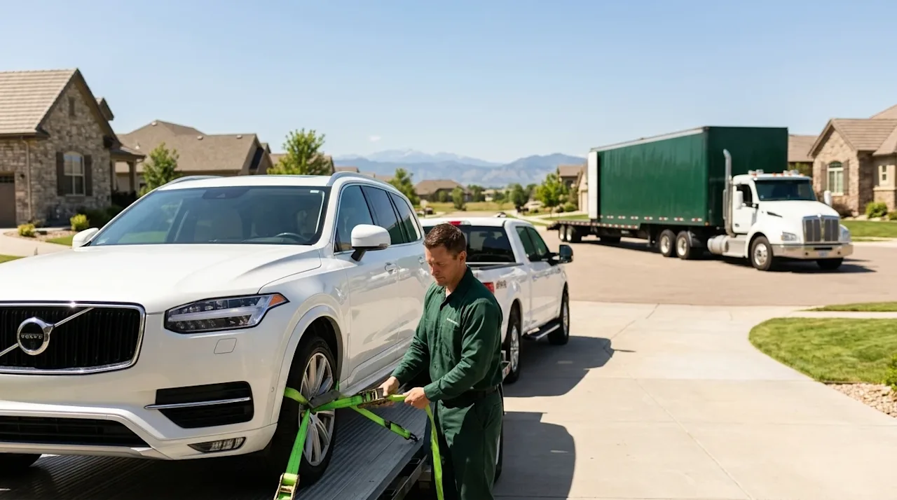 Professional marketing photography of an auto moving service in Erie, Colorado. A professional mover wearing a dark forest gr