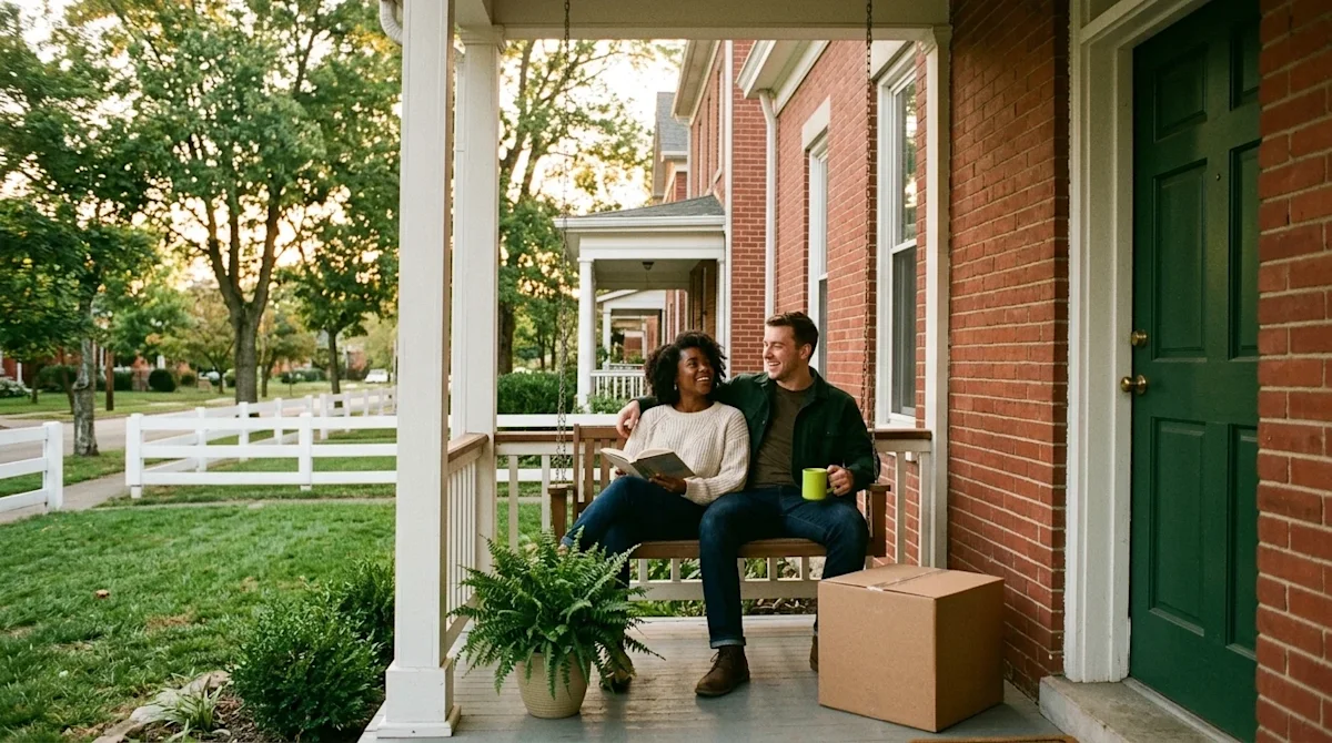 Candid lifestyle photography of a happy young couple relaxing on the front porch of a charming historic red brick home in Lexington.