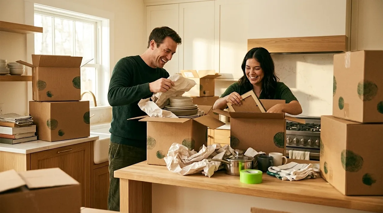 Candid lifestyle photography of a cheerful couple unpacking brown cardboard moving boxes in a bright, warm, and inviting new