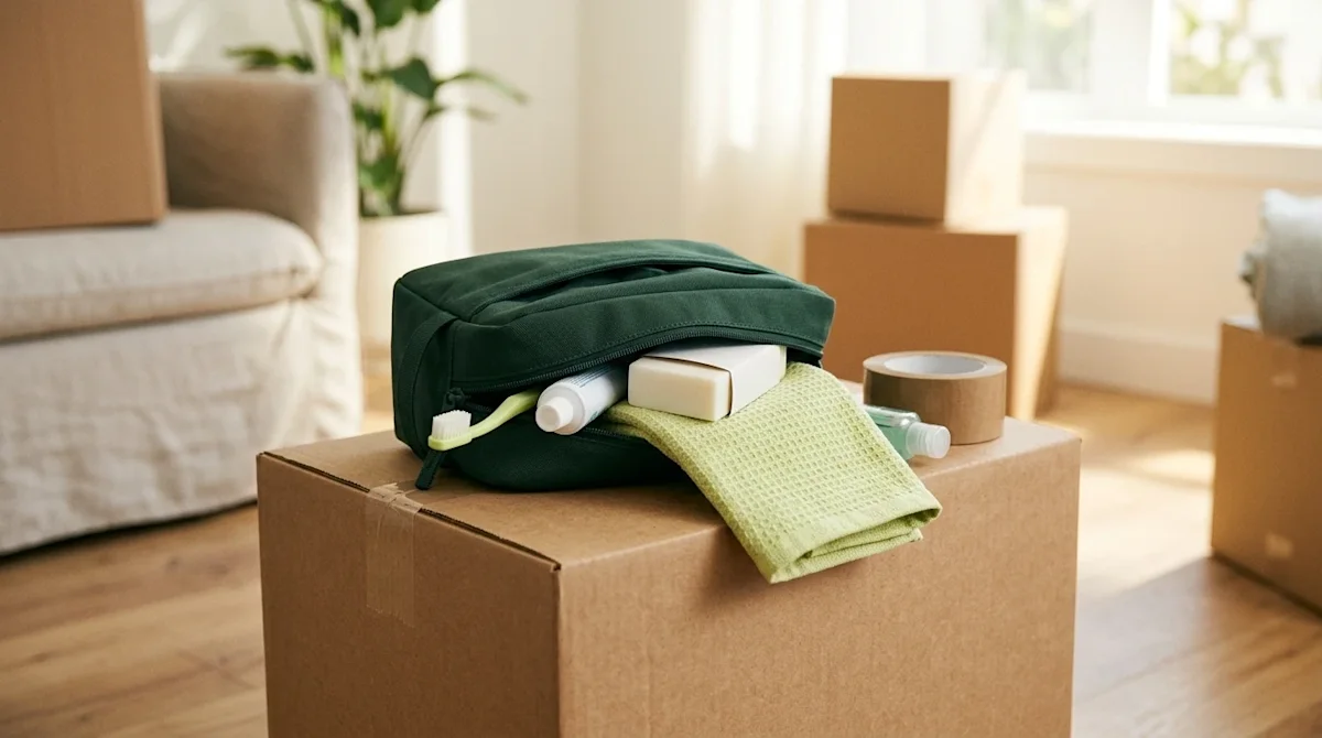 A high-quality lifestyle photograph of an emergency hygiene kit prepared for moving day. The main subject is an open, dark fo