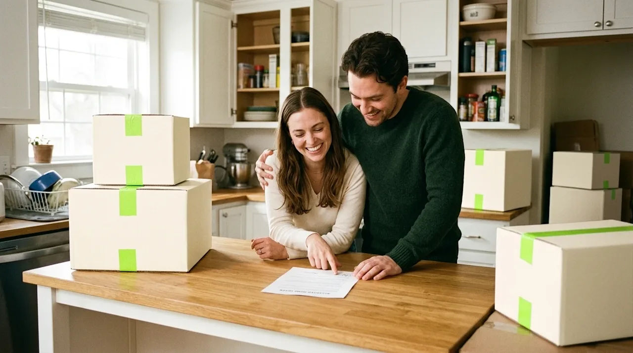 Candid lifestyle photography of a joyful couple standing at a warm wooden kitchen island in a bright, cozy home, smiling brig