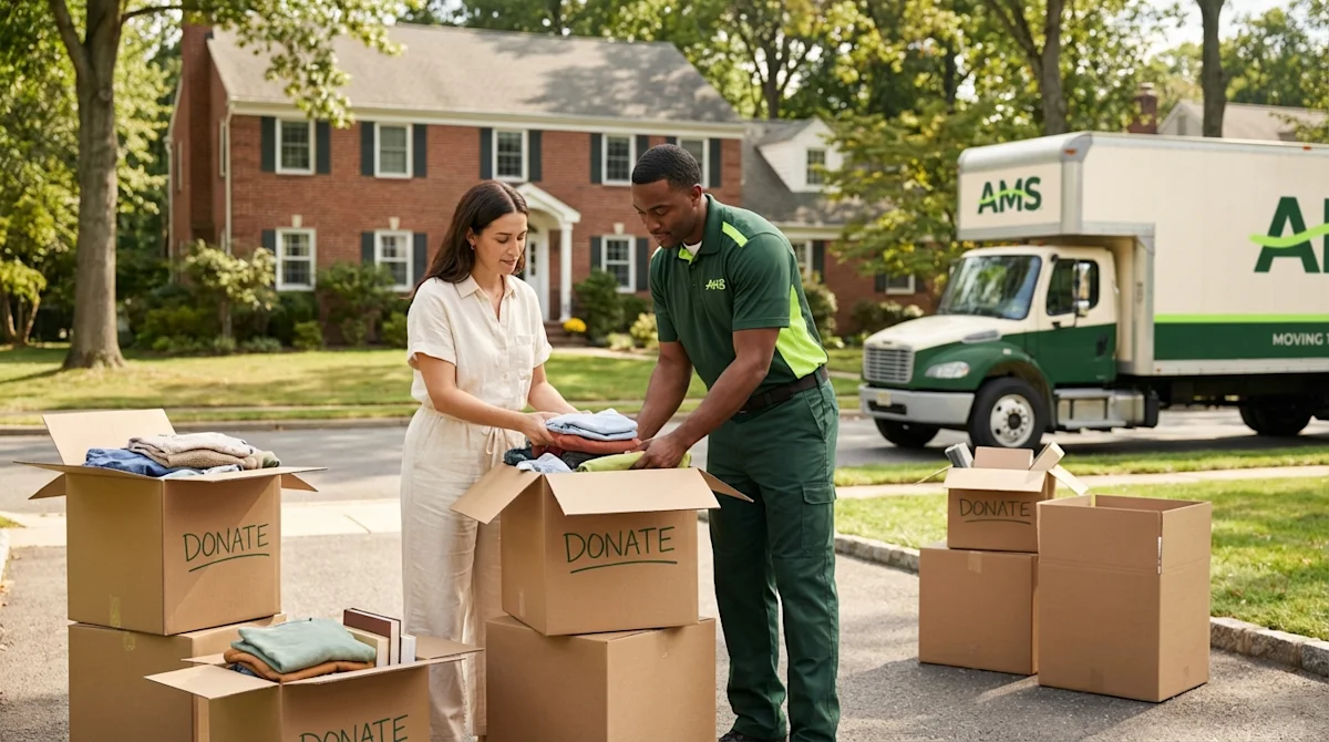 Professional mover helping a homeowner pack donation boxes outside a suburban home during a move in New Jersey.