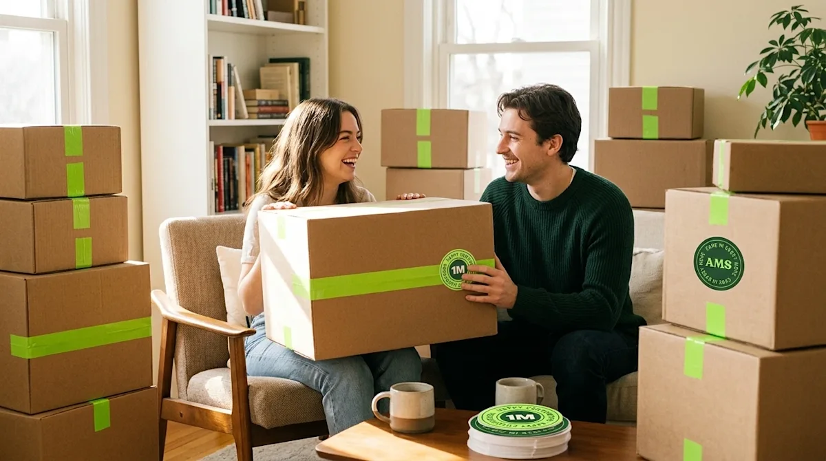 Candid, high-quality lifestyle photography of a relaxed, smiling young couple taking a comfortable coffee break in their livi