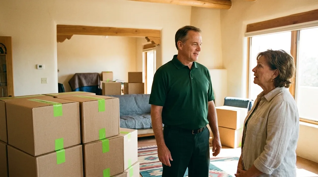 Authentic, candid lifestyle photography shot on 35mm film. A professional, friendly mover wearing a solid dark forest green u