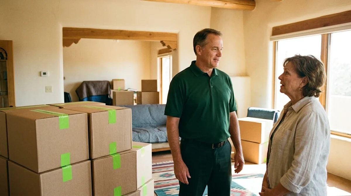 Authentic, candid lifestyle photography shot on 35mm film. A professional, friendly mover wearing a solid dark forest green u