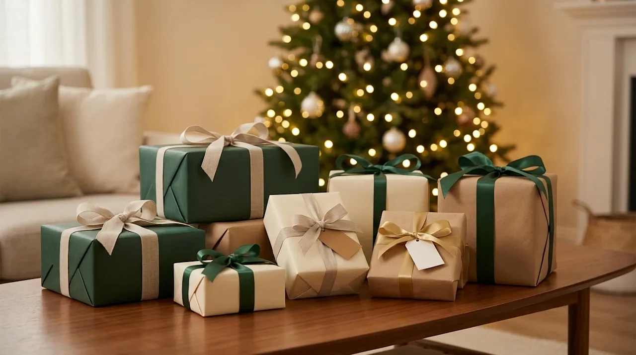 Clear, professional marketing photography of elegantly wrapped holiday gifts resting on a polished wooden coffee table in a c