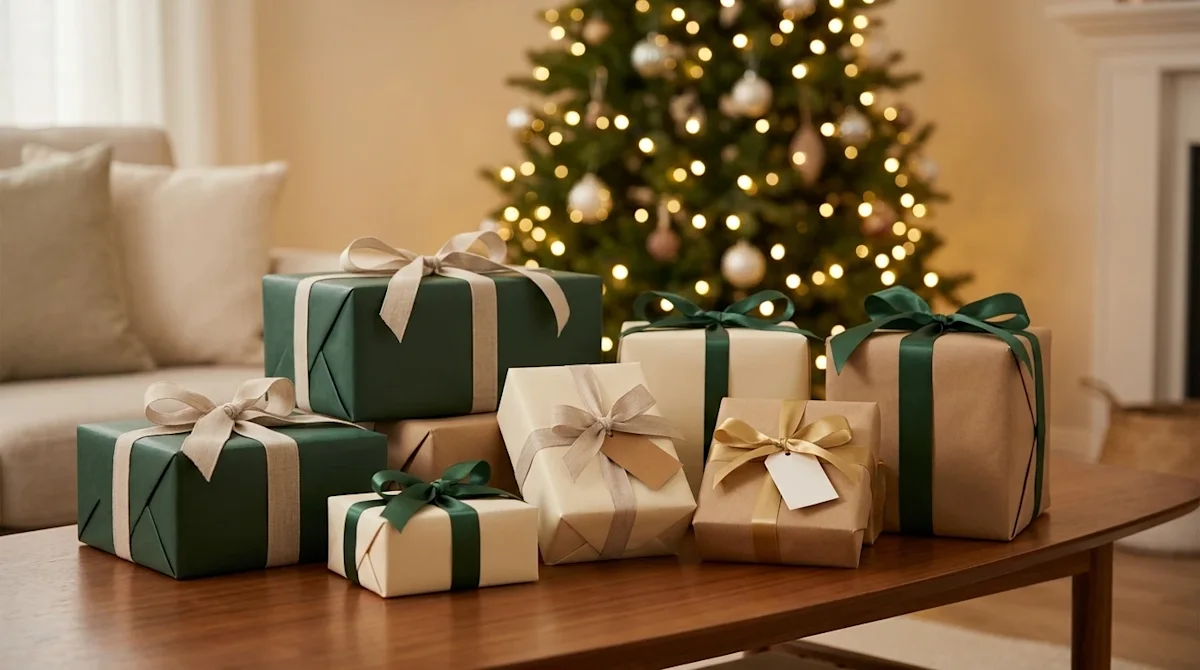 Clear, professional marketing photography of elegantly wrapped holiday gifts resting on a polished wooden coffee table in a c