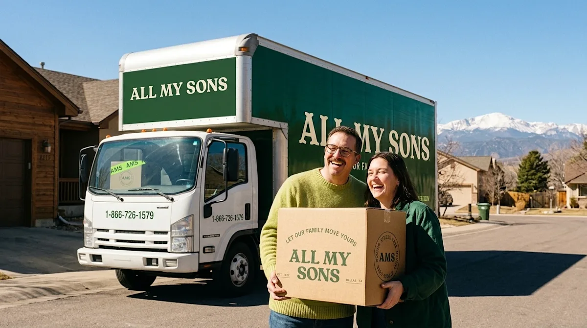 A high-quality, candid lifestyle photograph of a happy couple standing in the sunny driveway of their new Denver home, holdin