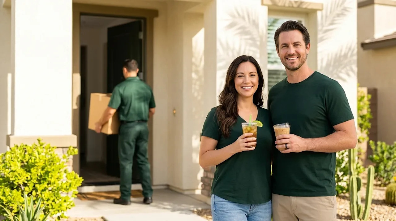 Clear, professional marketing photography of a relaxed, smiling couple standing on the sunlit porch of a modern Las Vegas sub