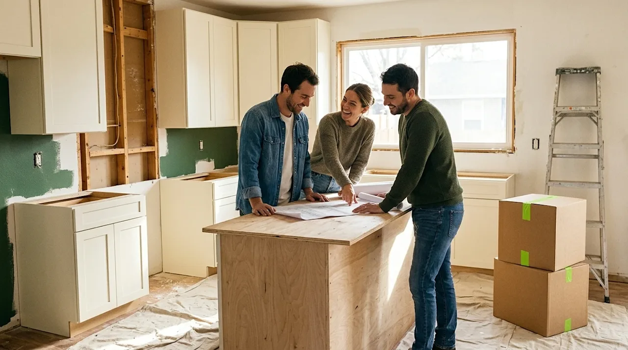 Professional marketing photography of a home interior undergoing a remodel, full-frame and borderless. A smiling couple in ca