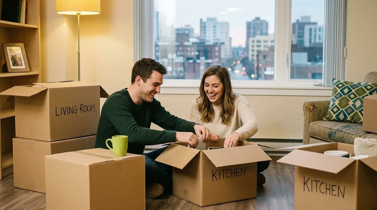 Cheerful young couple unpacking beige cardboard moving boxes in a bright, modest, budget-friendly apartment.
