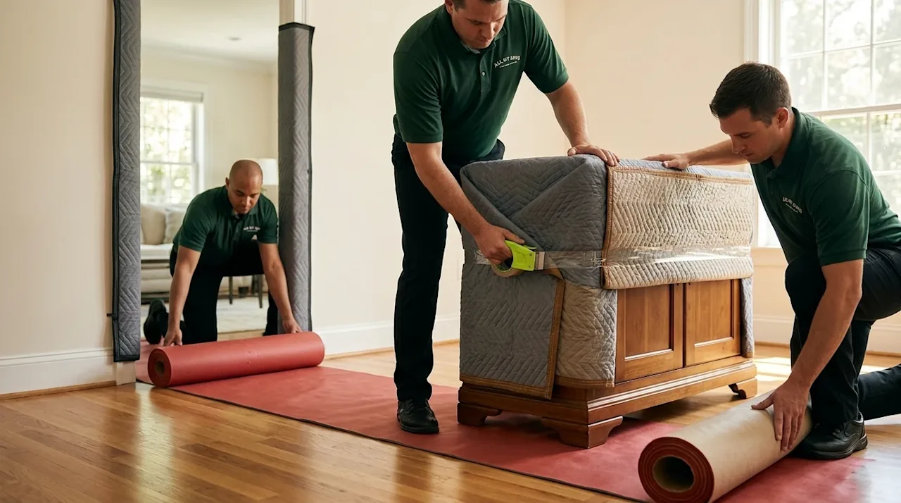 Clear and professional lifestyle marketing photography of two movers carefully protecting a home interior to prevent damage d