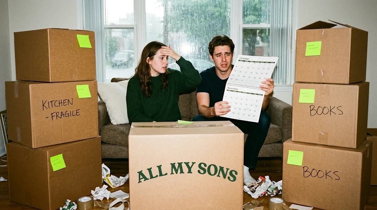 A stressed and overwhelmed couple, sitting with moving boxes, looking at a calendar.