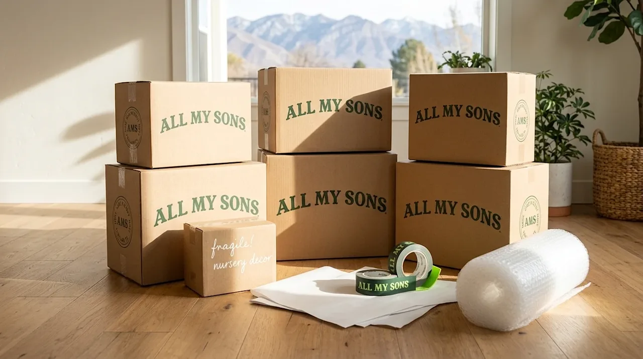 High-quality, candid lifestyle photography of a complete moving preparation kit resting on a warm oak hardwood floor in a sun