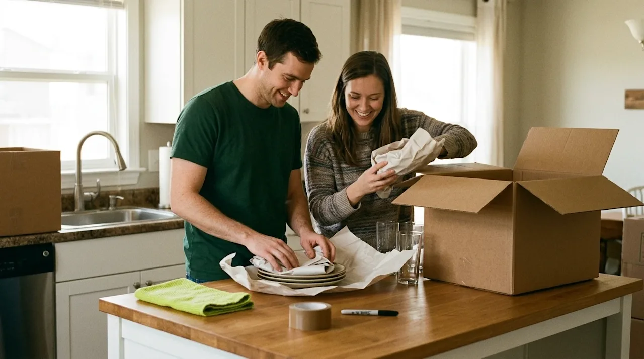 A candid, authentic lifestyle photograph of a smiling couple carefully packing their kitchen for a move. They are standing at