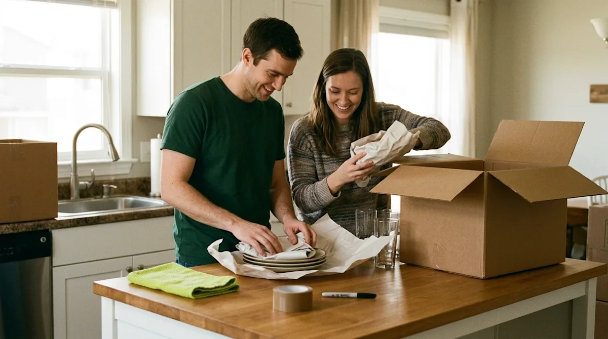 A candid, authentic lifestyle photograph of a smiling couple carefully packing their kitchen for a move. They are standing at