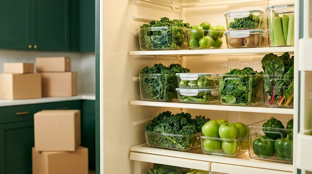 Organized refrigerator with fresh greens and lime accents next to moving boxes in a modern green kitchen.