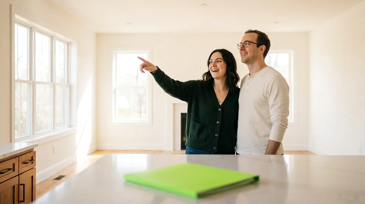 Professional marketing photography of a happy young couple house hunting, standing inside a bright, sunlit, empty living room