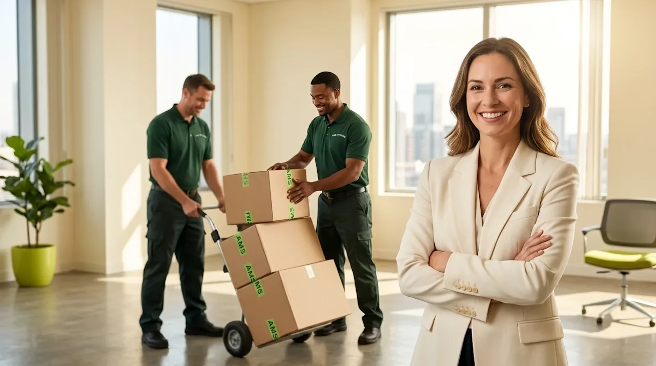 A photorealistic, high-quality editorial lifestyle photograph capturing a stress-free commercial office move. The setting is
