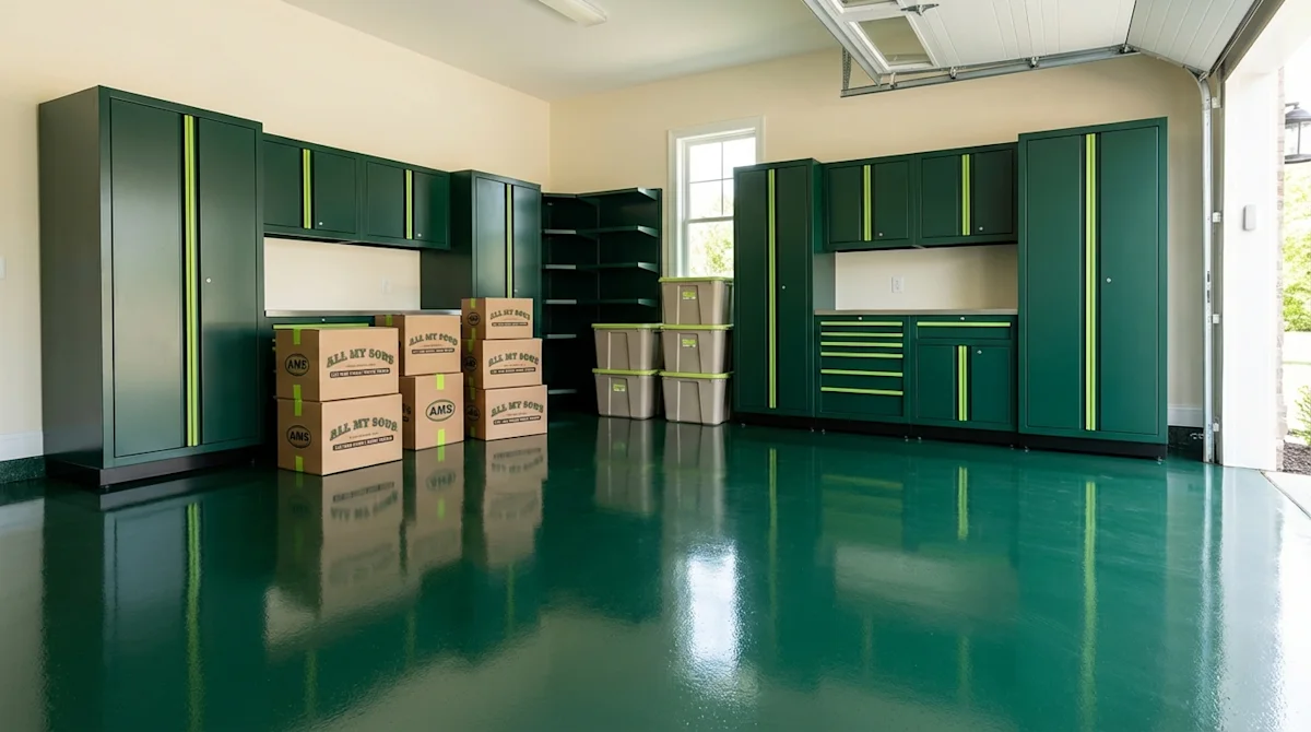 Organized garage with glossy green epoxy floor, metal cabinets, and neatly stacked cardboard moving boxes.