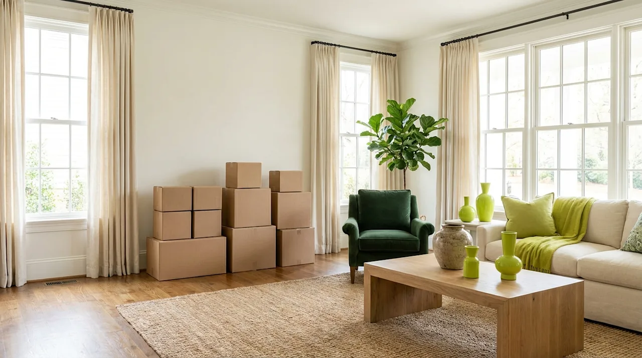 Organized living room with neatly stacked moving boxes, green furniture, and natural light in a Southern-style home.