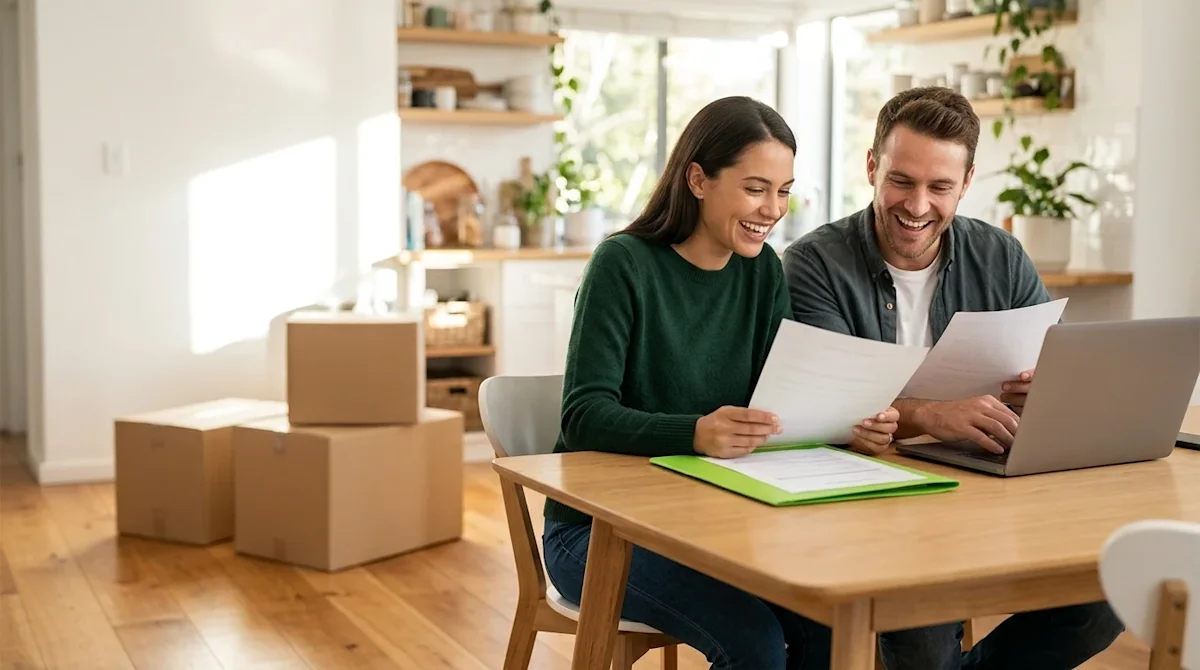 Clear and professional marketing lifestyle photography of a happy couple sitting at a light wood dining table in a bright, su