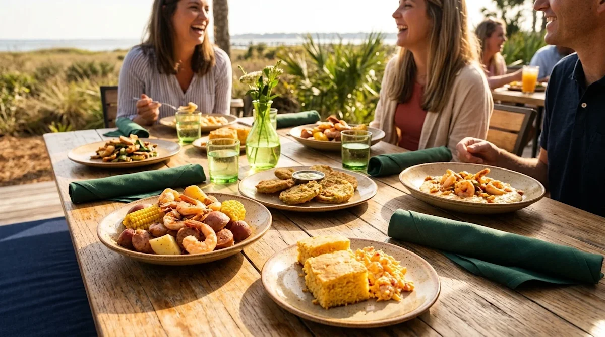 Clear, professional lifestyle marketing photography of an appetizing spread of coastal Southern cuisine on a warm wooden tabl