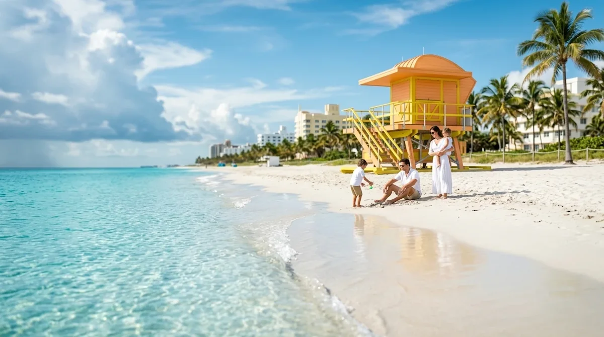 High-quality lifestyle photography of a stunning, sun-drenched beach in Miami. Crystal clear turquoise ocean water gently mee