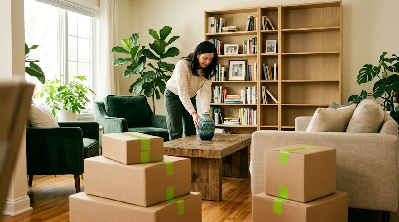 A warm, inviting lifestyle photograph of a beautifully staged living room being prepped for a move, capturing a genuine, cand