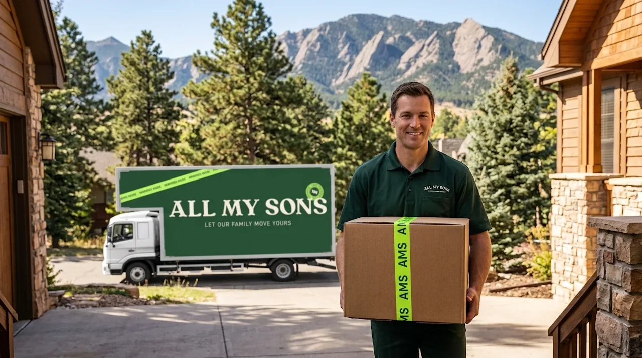 Candid, high-quality lifestyle photography of a professional moving scene in a scenic Colorado neighborhood. A friendly mover
