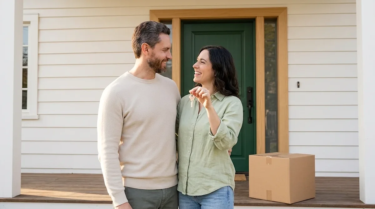 Professional lifestyle marketing photography of a happy couple standing on the front porch of their newly purchased home. The