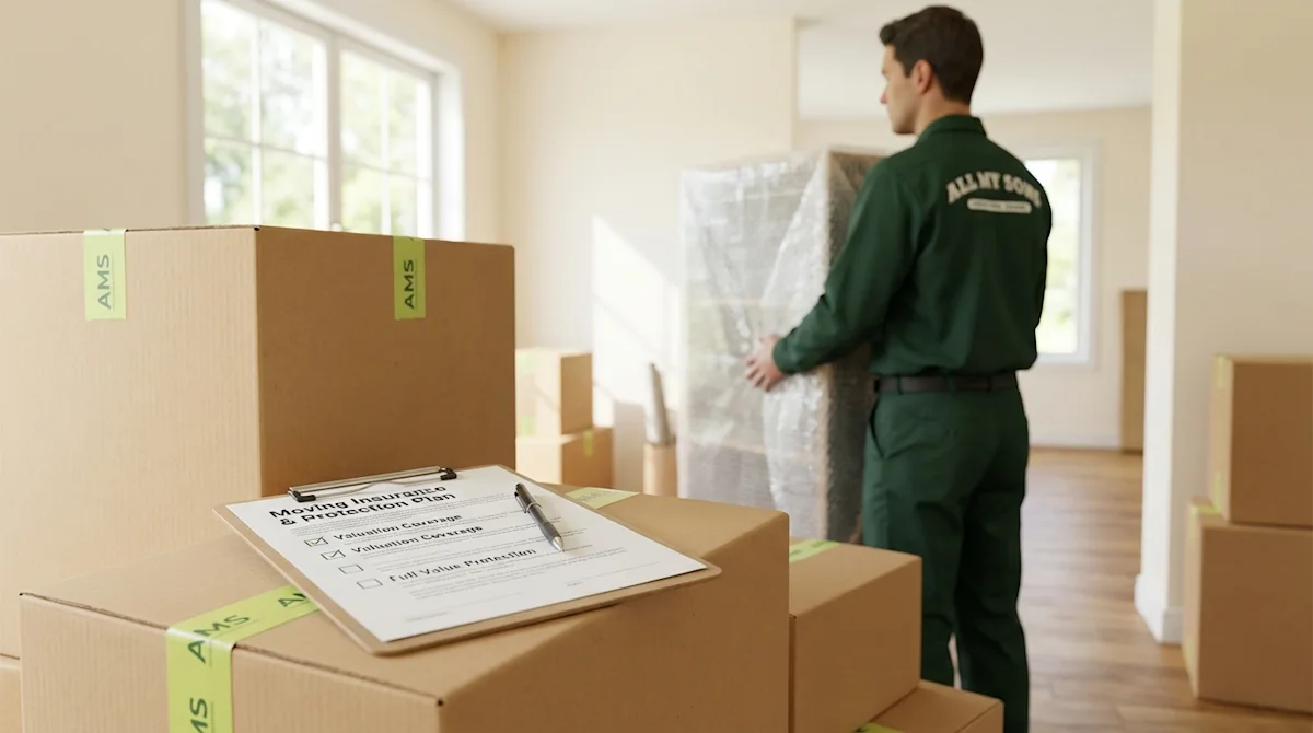 Moving insurance checklist on boxes with an All My Sons mover carrying bubble-wrapped furniture in a modern home.