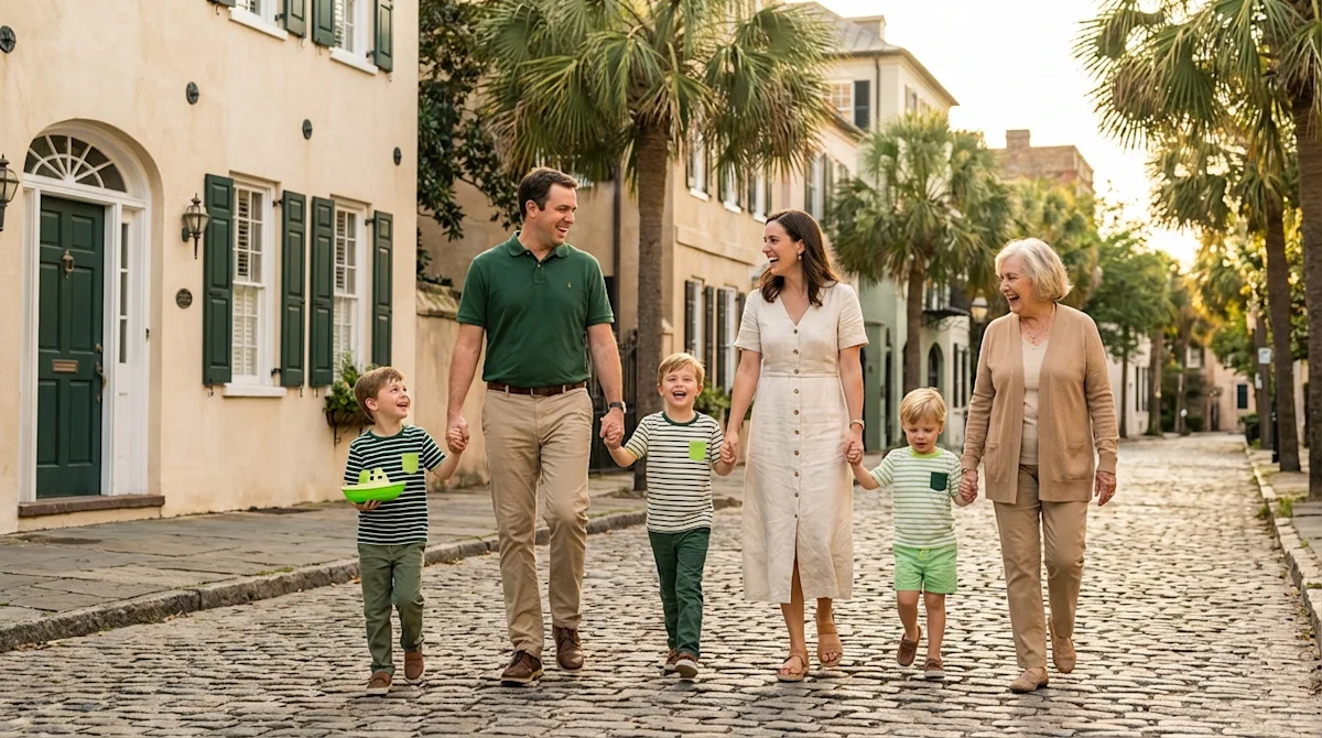 Joyful multi-generational family walking down a historic cobblestone street in Charleston, South Carolina.