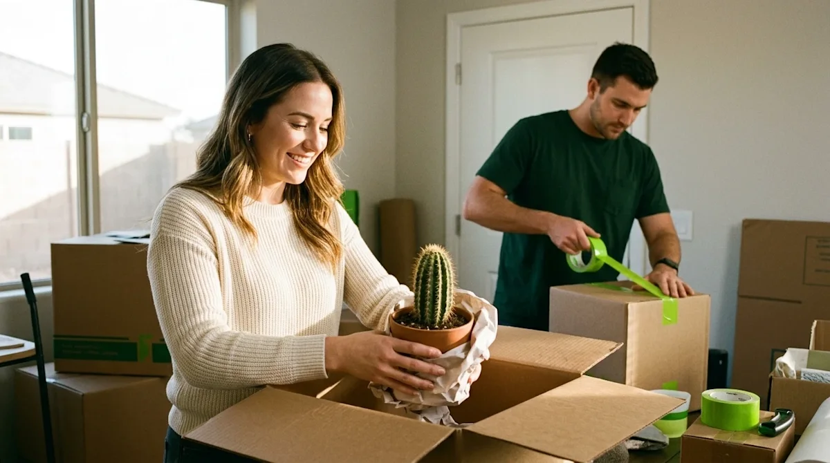 Candid, warm lifestyle photography of a family preparing for a move in a brightly sunlit home interior.