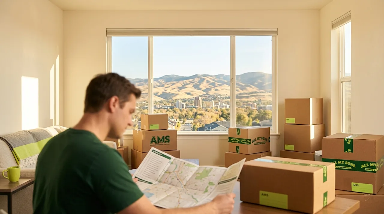 Man reviews a moving map in a room with packed boxes and a scenic view of the Boise, Idaho foothills.