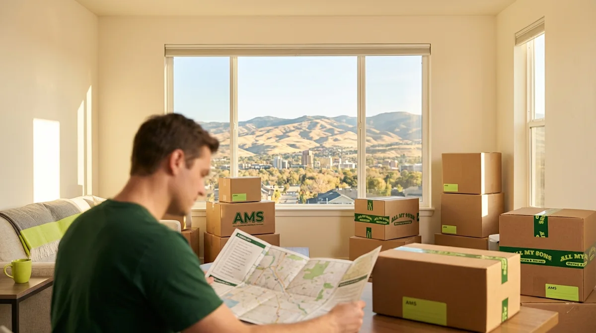Man reviews a moving map in a room with packed boxes and a scenic view of the Boise, Idaho foothills.