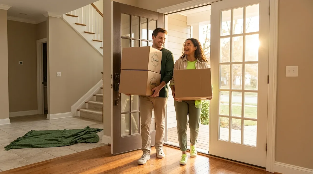 Professional marketing photography, a candid lifestyle shot of a happy young couple carrying a couple of neatly packed brown