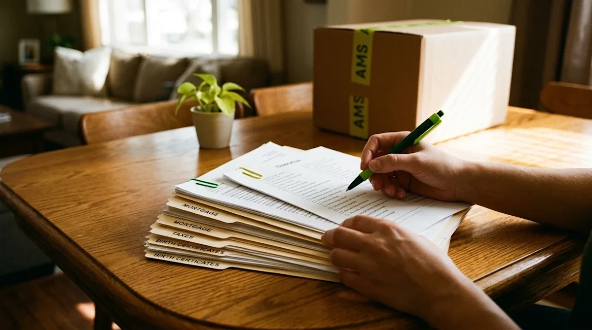 High-quality lifestyle photography, a close-up of a neatly organized stack of important personal documents, manila folders, a