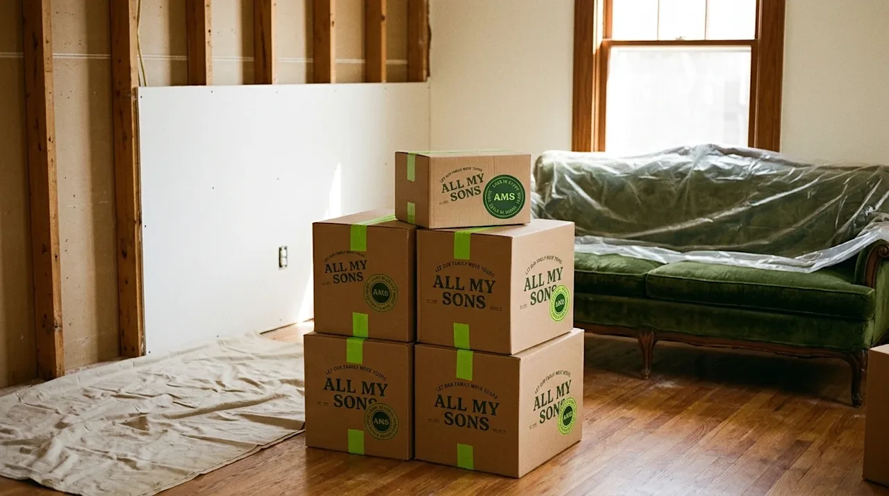 Candid lifestyle photography of a residential living room undergoing a home remodel. Half of the room features exposed wooden