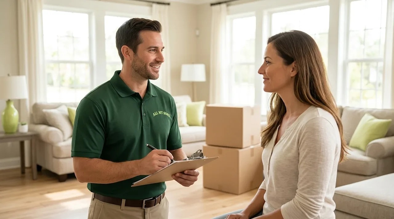 Professional marketing photography of a friendly, approachable moving professional in a crisp dark forest green polo shirt, h