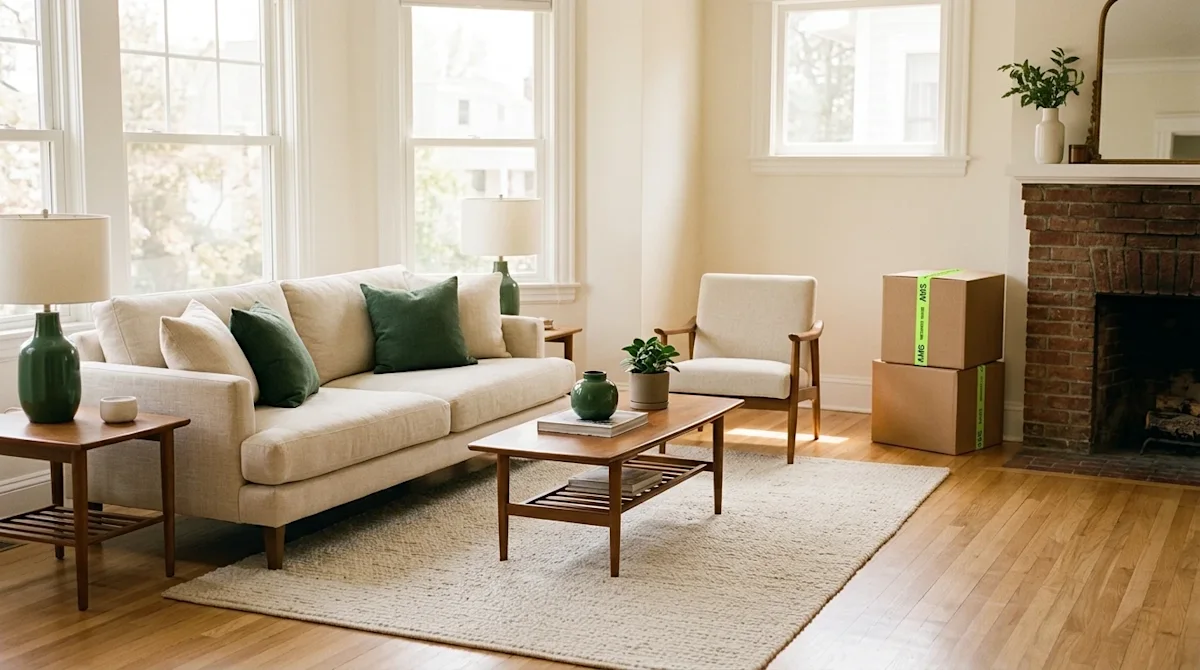A high-quality lifestyle photograph of a bright, impeccably clean living room staged for an open house, perfectly balancing p