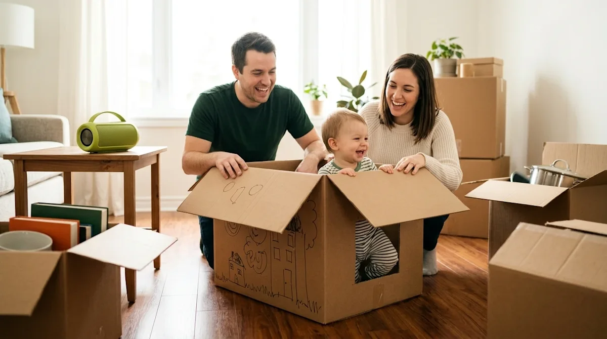 Authentic lifestyle photography of a joyful young family making unpacking fun in their new home. A laughing couple and their