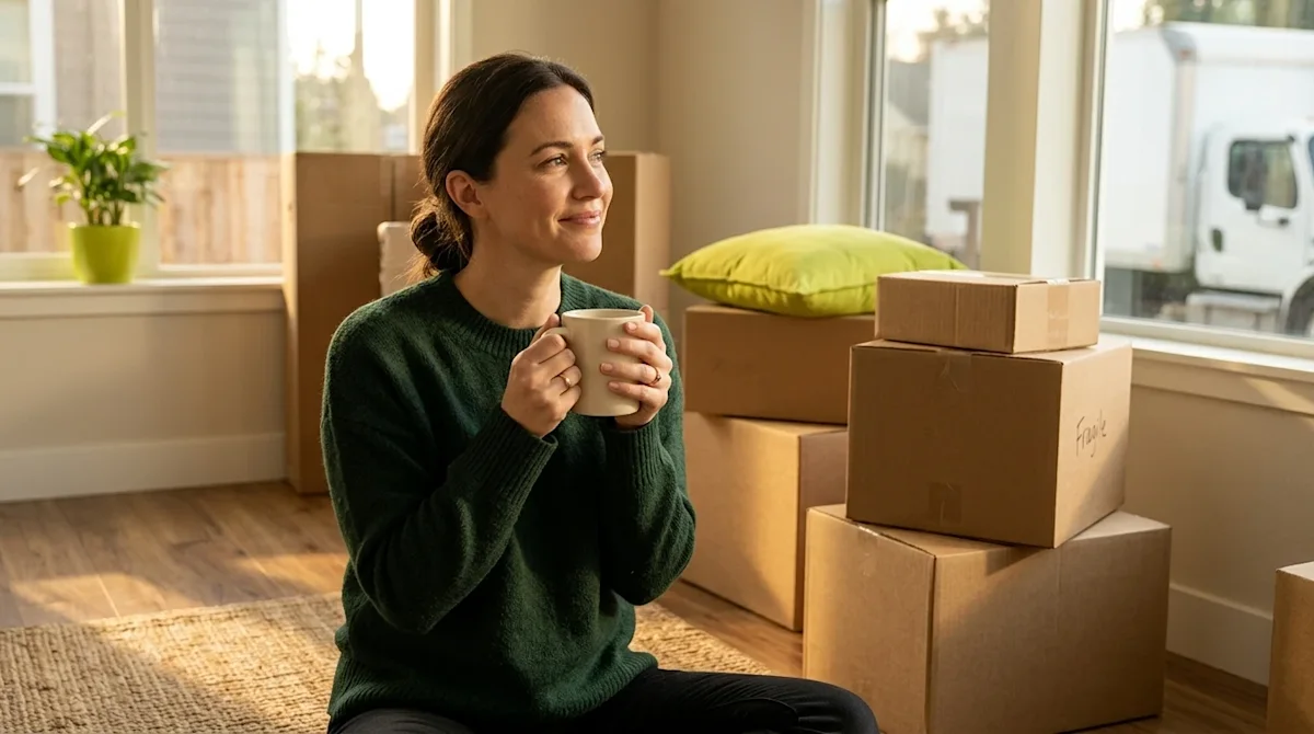Professional marketing lifestyle photography of a relatable scene capturing the emotion of coping with the stress of moving.