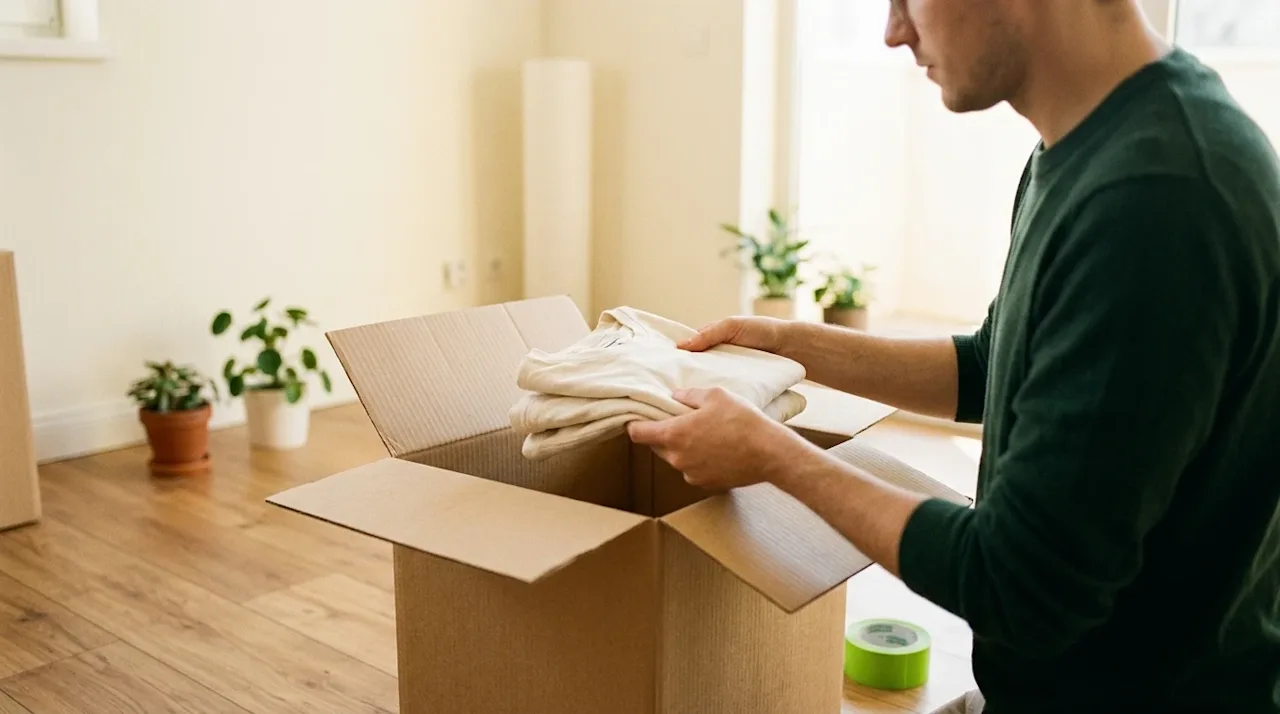 Authentic, photorealistic film-style photography of a minimalist packing process. A person wearing a dark forest green casual
