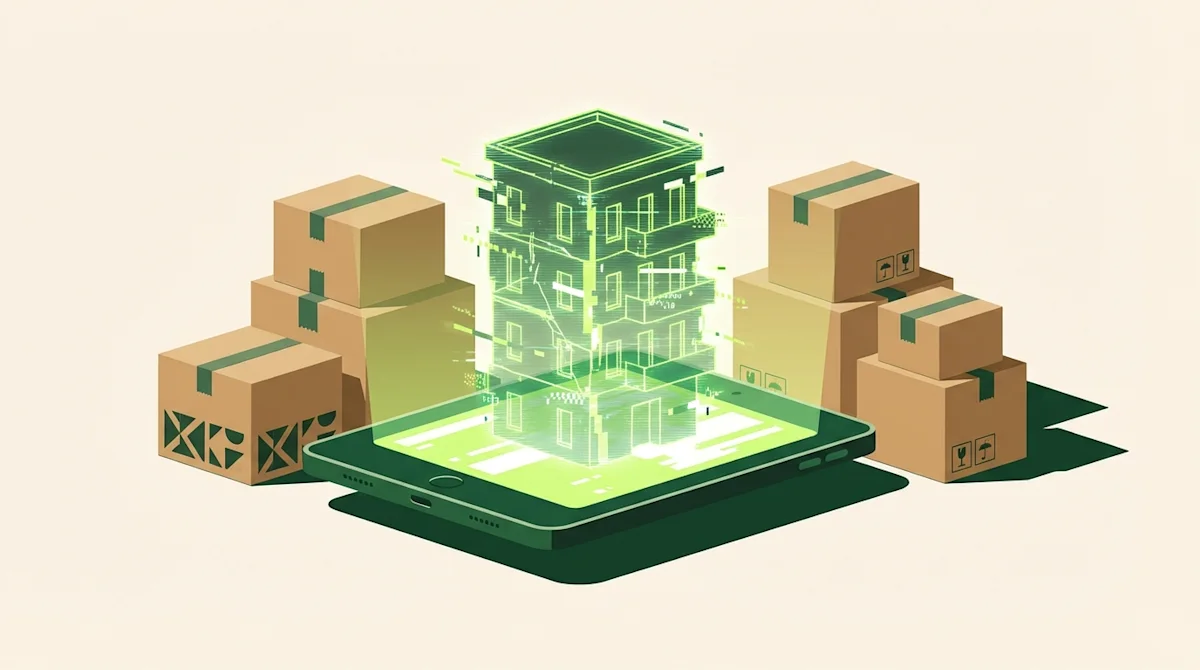 3D illustration of a glitching house hologram on a tablet with moving boxes, symbolizing online apartment scams.