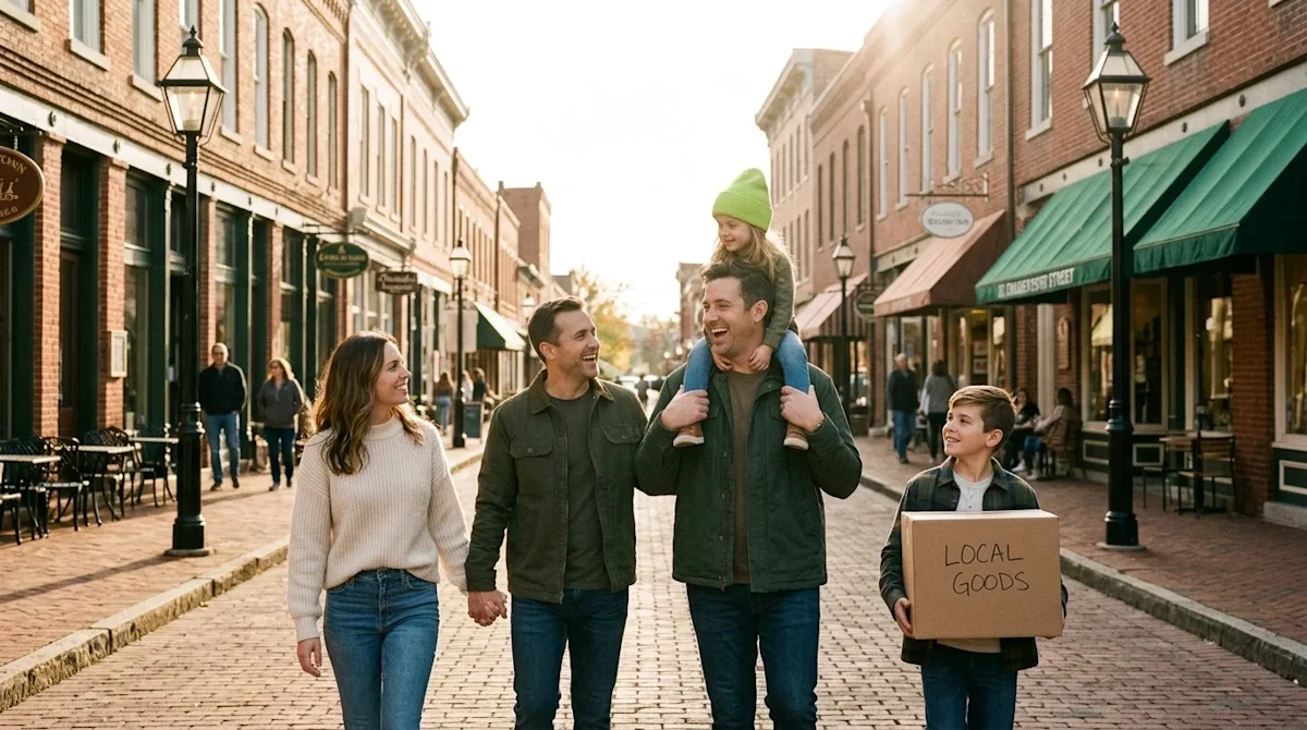 Candid lifestyle photography of a joyful family strolling down the historic brick-paved Main Street of St. Charles, Missouri,