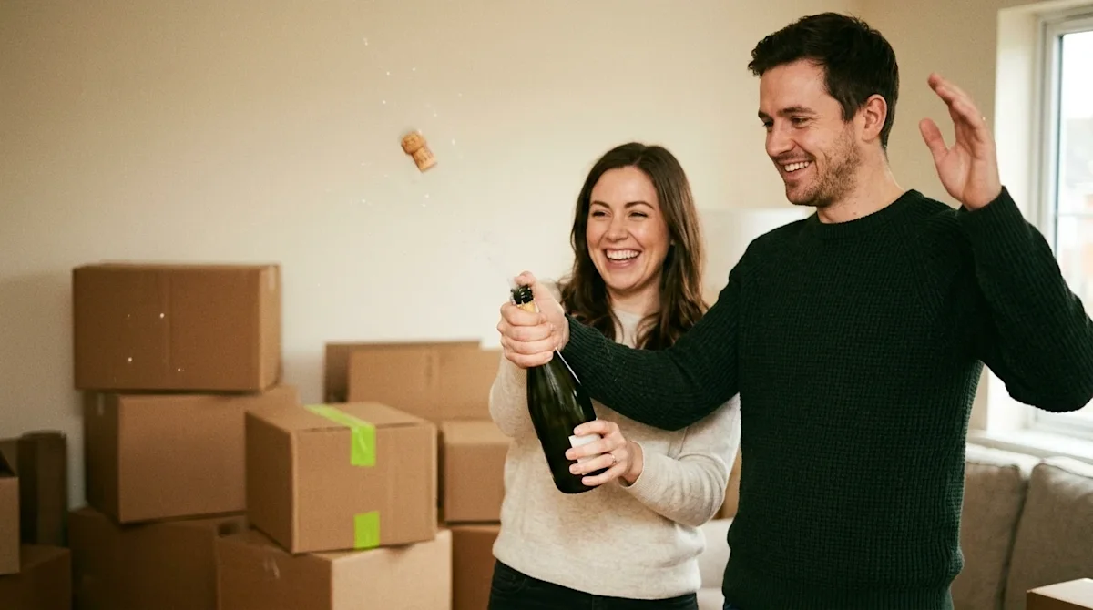 A candid, warm lifestyle photograph of a smiling couple expertly opening a bottle of champagne to celebrate a successful move