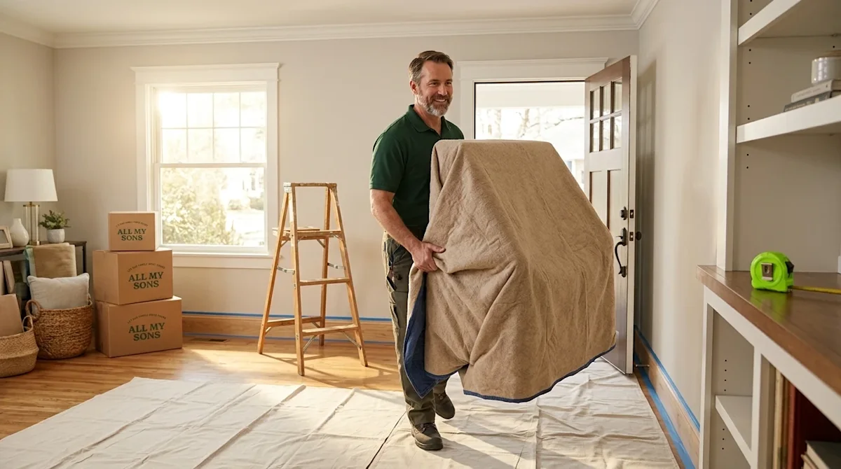 Clear, professional marketing photography of a home remodeling scene. A confident, professional mover wearing a dark forest g