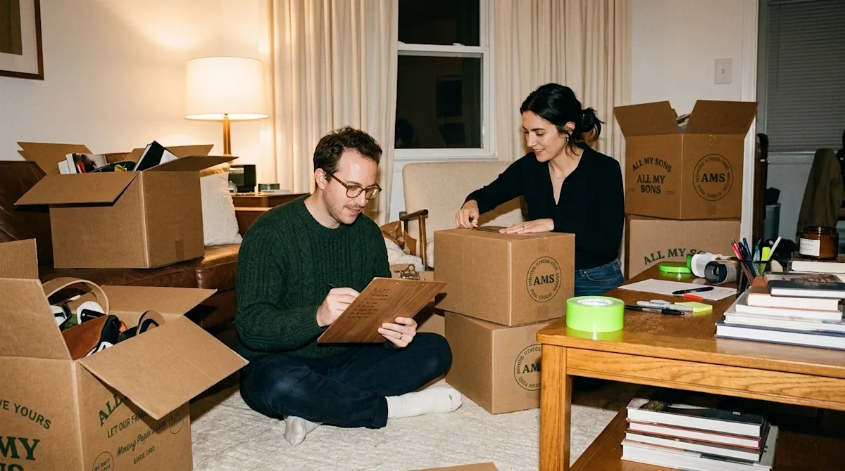 A candid, warm 35mm film photography shot of a couple in a warmly lit, slightly cluttered living room, actively planning and
