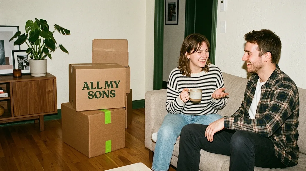 Candid lifestyle photography of two friendly young adults sitting together in a warm, modern apartment living room, represent